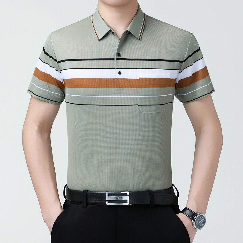 2025 Summer Young and Middle-Aged Men's Casual Lapel Short-Sleeved Mercerized Cotton T-Shirt Fashionable Simple Trendy Bottoming Shirt for Men