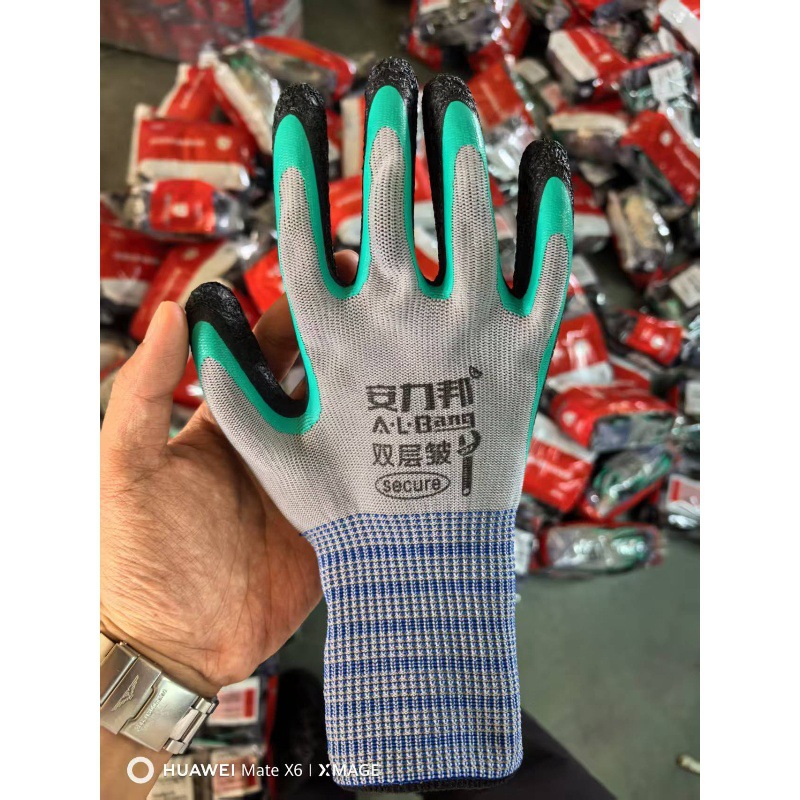 安力邦双层超细皱浸塑手套 透气舒适 耐磨防滑乳胶浸塑劳保手套