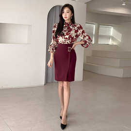 职业套装女2023春季韩版OL气质复古印花衬衫修身御姐风两件套裙潮