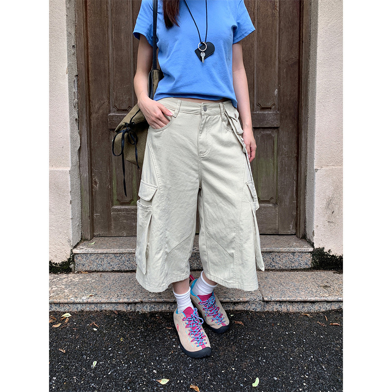 Yu 1.0m White Casual Workwear Cropped Jeans for Women Summer High Waist Slimming Wide Leg Straight Mid-Length Pants Cxc8508