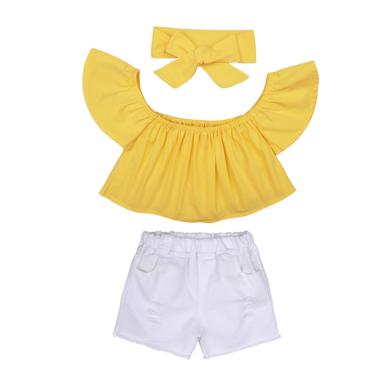Summer New European and American Style Children's Set: Ins Girls' Yellow Off-Shoulder Tube Top + Denim Shorts, Available for Wholesale