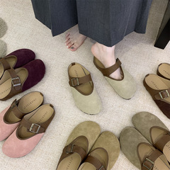 包頭半拖鞋女2024秋季新款森系復古日系真皮休閒軟平底丑萌博肯鞋