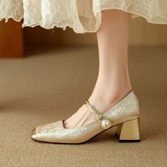 女性用春ハイヒール、ワンストラップシューズ、新中国風、カラーブロック、スクエアトゥ、メリージェーンシューズ、フレンチパール、太いヒール