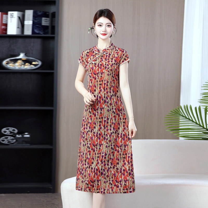 Stylish and Elegant Summer Dress, Lightweight Modified Cheongsam Dress, Fashionable Mother's Wear, Slimming Printed Mid-Length Dress for Women Stylish and Elegant Summer Dress, Lightweight Modified Cheongsam Dress, Fashionable Mother's Wear, Slimming Printed Mid-Length Dress for Women