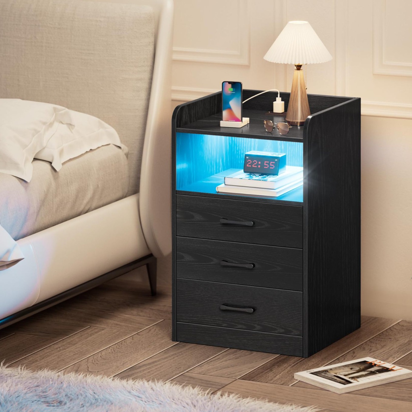 Comercio exterior personalizado cabecera dormitorio con puerto USB cabecera pequeño gabinete sala de estar con enchufe con lámpara sofá gabinete lateral