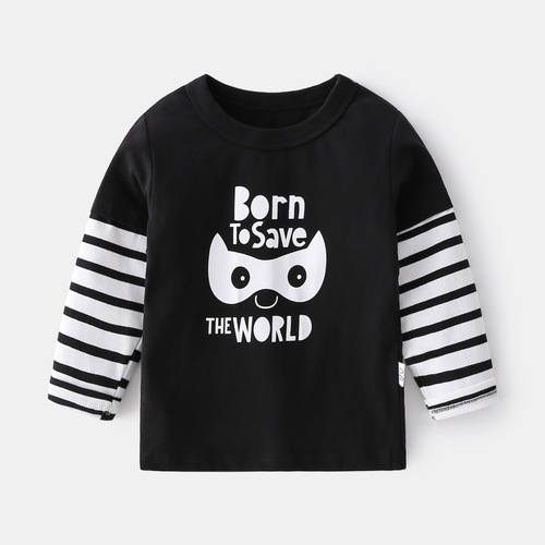 Spring new children's striped splicing long-sleeved T-shirts and four crew-neck shirts with cute bat mask prints