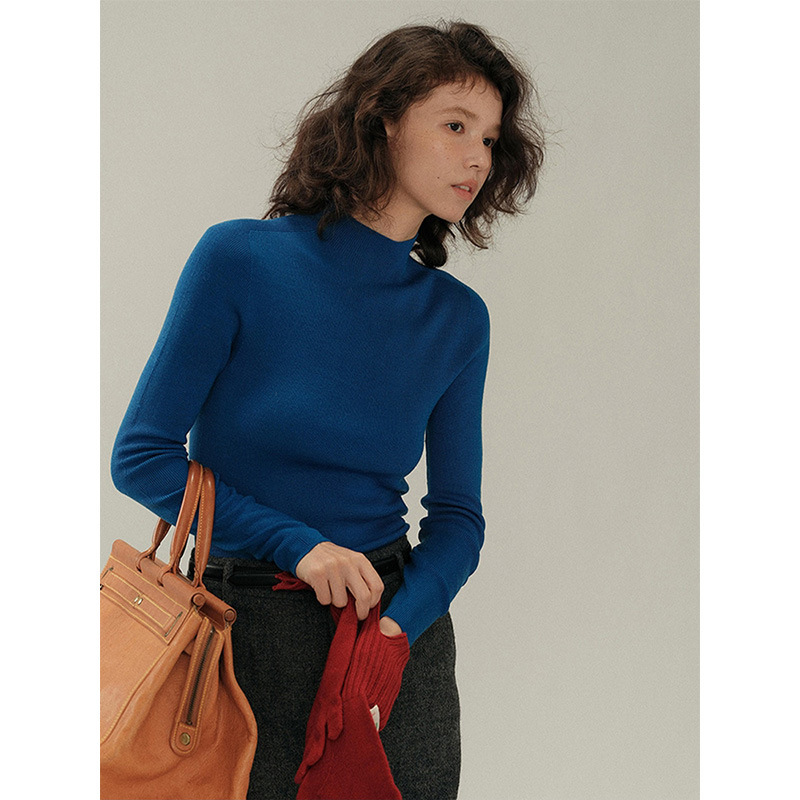 French Klein Blue Half Turtleneck Knitted Bottoming Shirt for Women in Autumn and Winter Slim Fit High-End Inner Sweater Pullover Top