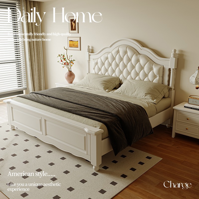 French Solid Wood Bed White 1.8m Simple American European Style Master Bedroom Leather Upholstered Drawer High Box Double Princess Bed