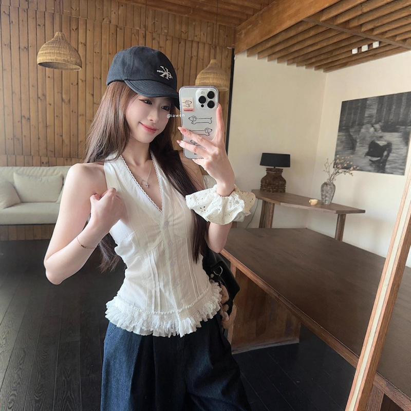 纯欲风蕾丝花边白色V领挂脖上衣夏小众设计感收腰无袖吊带背心女|undefined