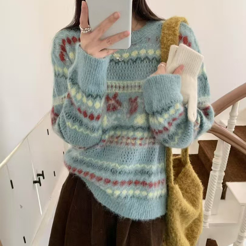 提花毛衣 2025秋季新款 复古圆领长袖针织衫女慵懒风外穿上衣2589|undefined