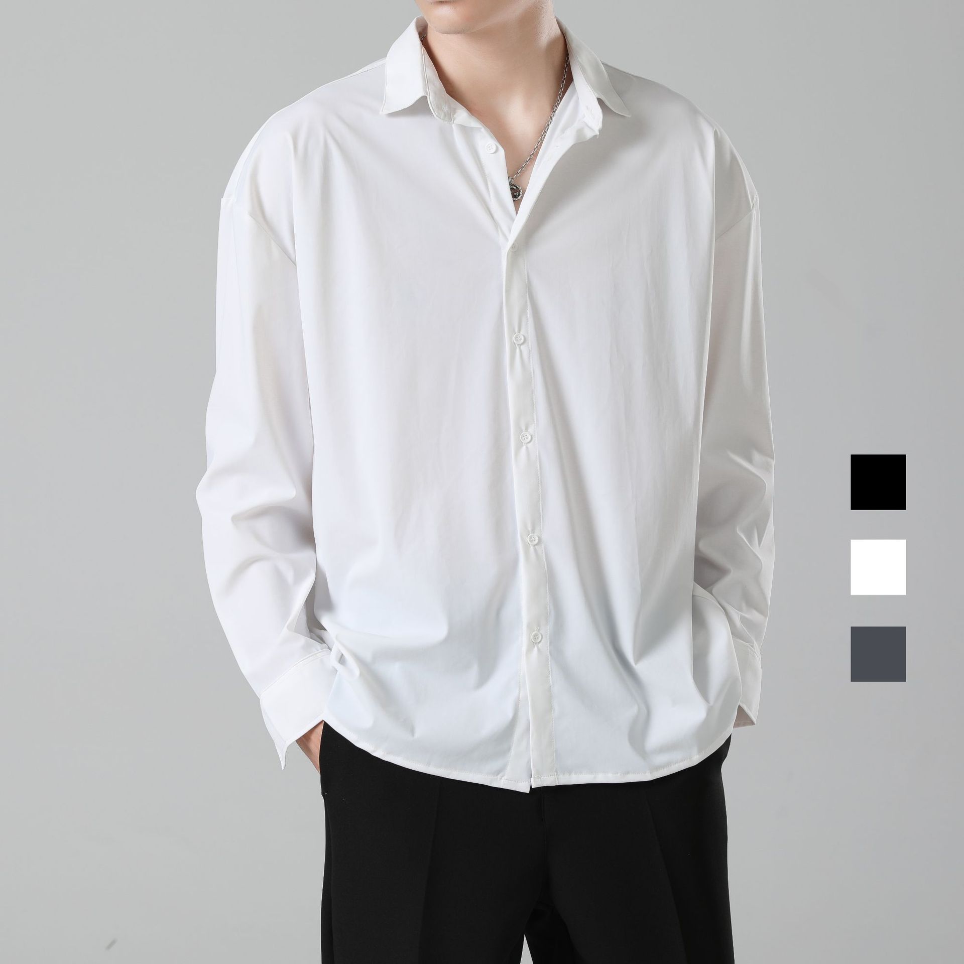 Camisa casual de manga larga para hombre ins camisa suelta de alto grado para hombre Ruan guapo drapeado color sólido más tamaño-pulgadas camisa para hombre