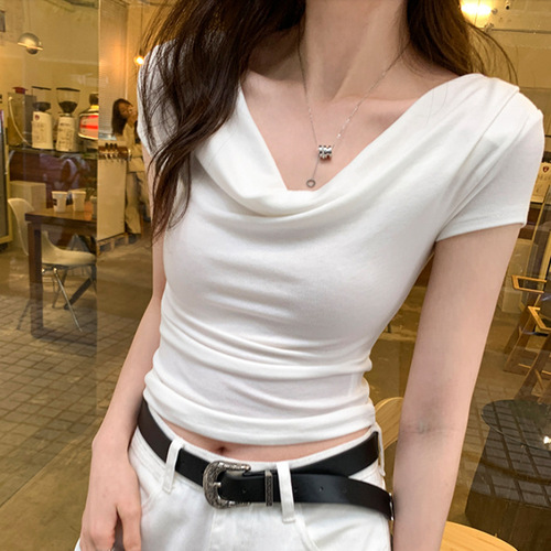 Ins-style design-threaded collar sexy fiery one-shoulder short-sleeve t-shirt women slimming short-sleeved top women trendy