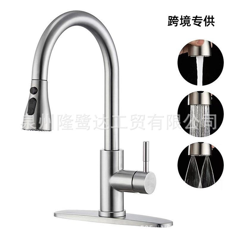 Cross-Border Foreign Trade 304 Stainless Steel High-Arc Handle Kitchen Sink Hot and Cold Water Faucet with Pull-Out Universal Spray Head