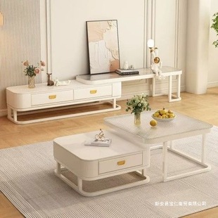 Small Apartment Living Room Cream Style Pure White Slate Coffee Table Tv Cabinet Home New Water Ripple Simple Home Furnishings