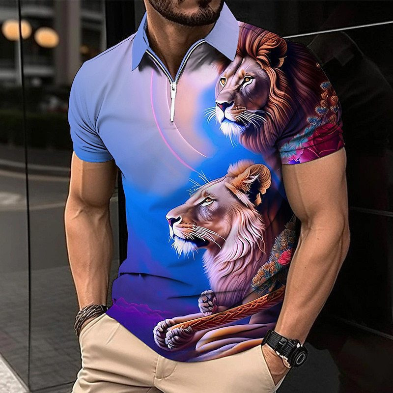 2025 Fashion Amazon New Cross-Border Men's Casual Polo Shirt Lapel Zipper 3D Fashion Animal Print