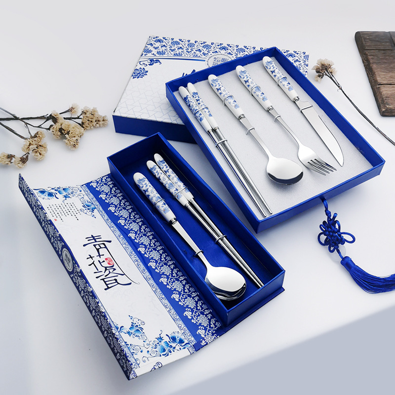 Chinese style blue and white porcelain ceramic stainless steel tableware suit high-end gift spoon Fork Knife Chopsticks Chinese knot Chinese style blue and white porcelain ceramic stainless steel tableware suit high-end gift spoon Fork Knife Chopsticks Chinese knot