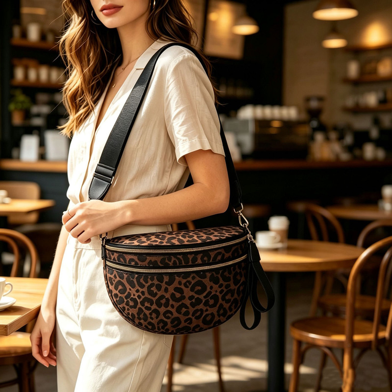 Women's trendy versatile large-capacity shoulder bag, Oxford plaid lightweight sports shell bag, leopard print, light luxury
