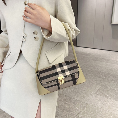 Plaid Contrast Color Bag Women's Fashion Personalized Shoulder Underarm Bag  New Trendy Niche Design Lock Small Shoulder Bag