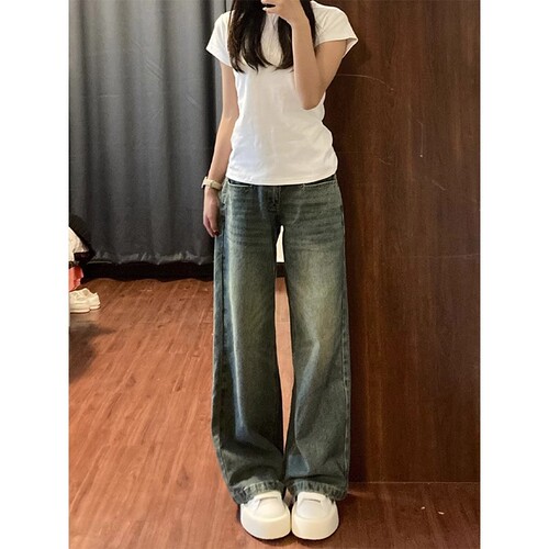 American Retro Wide-Leg Denim Jeans for Women - Summer Design-Focused, Distressed, Loose and Slimming Straight Leg Pants