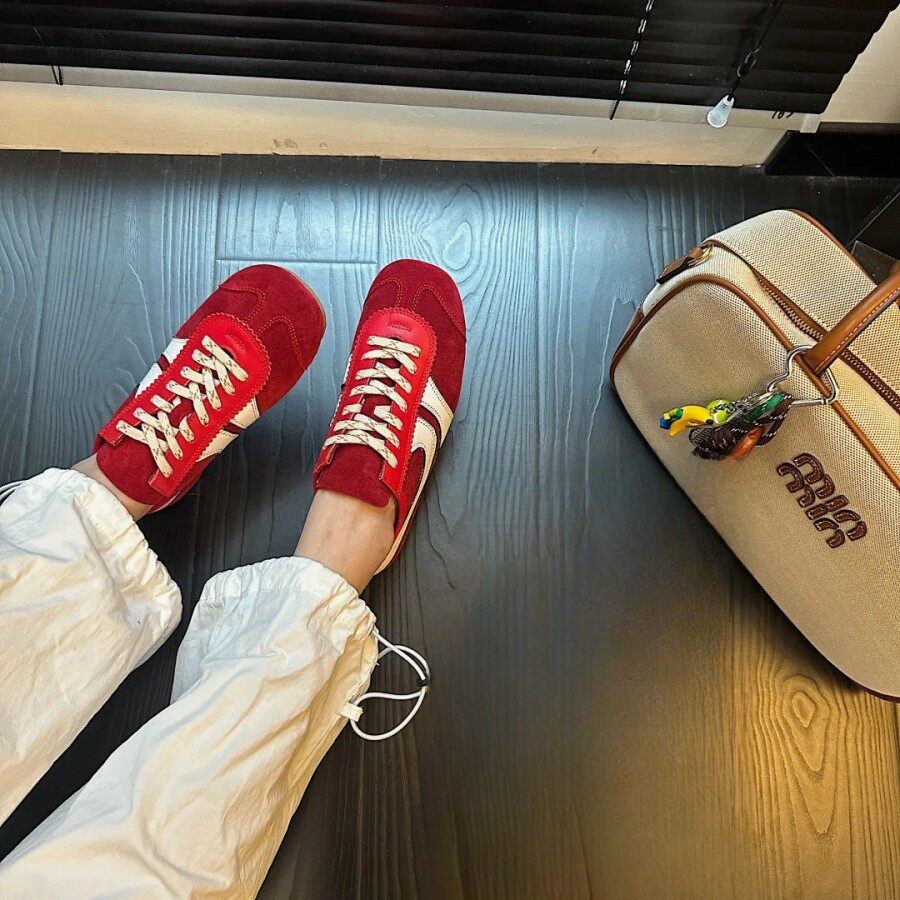 Giày sneaker nữ da thật cổ thấp dáng cổ điển buộc dây phối màu — Bạc, màu nâu, màu xanh lá cây, màu đỏ