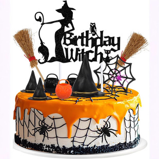 13Pcs Birthday Witch Cake Decoration Halloween Theme Birthday Party Decoration Horror Spider Web Witch Bucket Sweep