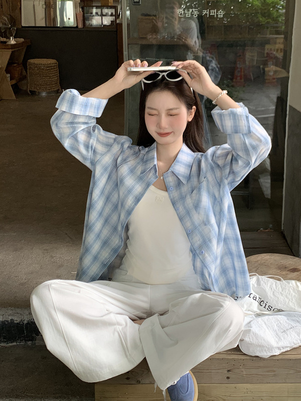 蓝色格纹单排扣Polo领长袖衬衫女2025早秋新款口袋设计感宽松上衣|undefined