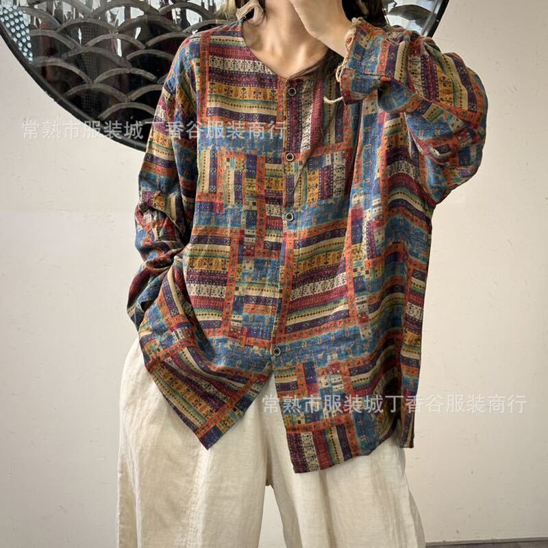 2025 Autumn New Style Literary Retro Printed Round Neck Long Sleeve Loose Casual Shirt Women's Rainbow Shirt