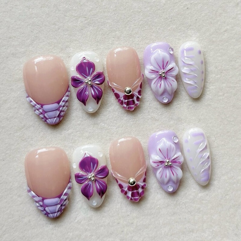 Purple French-Style Trendy European and American Hot-Selling Press-On Nails, Sweet and Cool Dark Goth Style, Ultra-Short Almond-Shaped Nail Stickers, Cross-Border