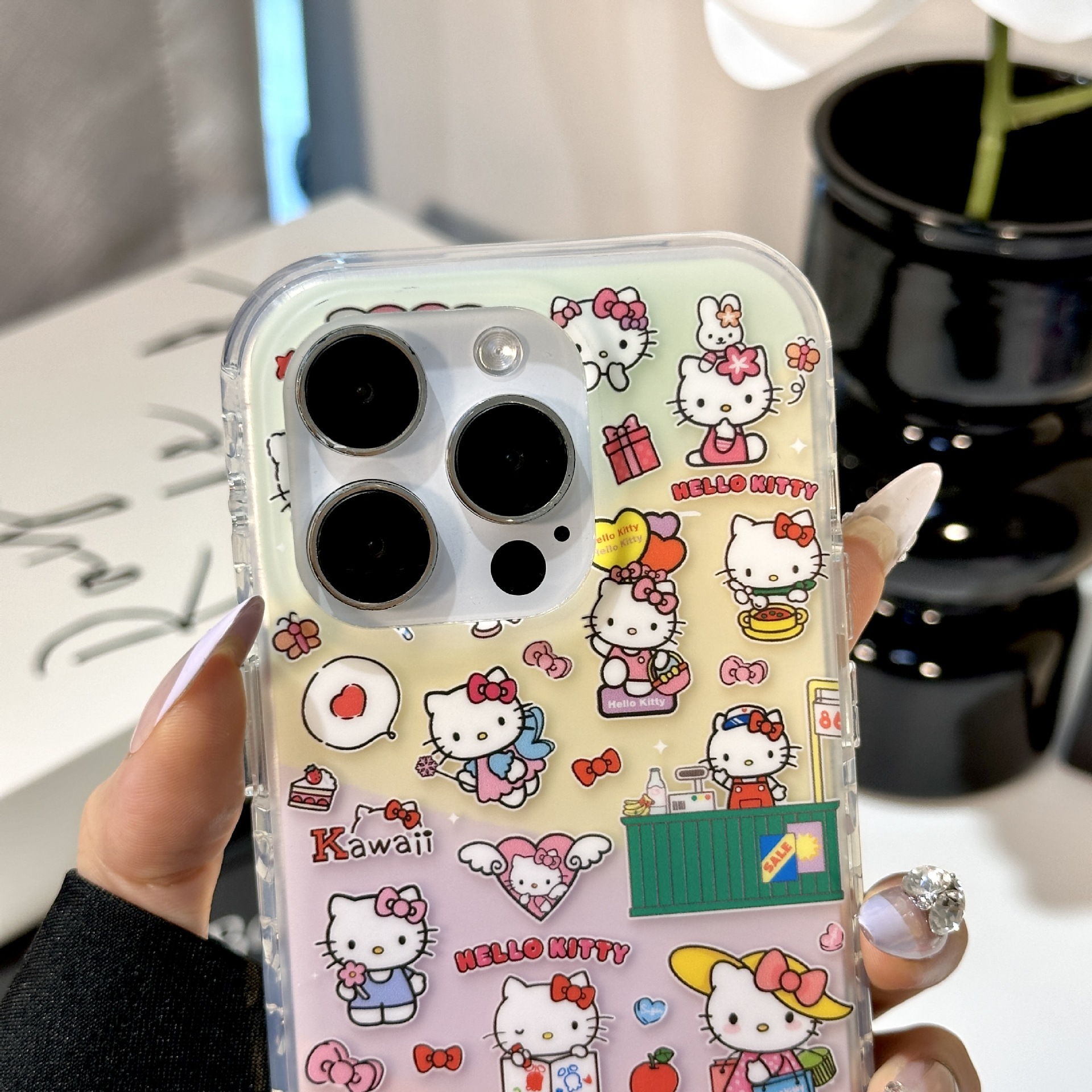 Ilustración de pantalla completa de dibujos animados KT cat para Apple 15Pro funda para teléfono móvil 16PM cadena 14/13 nueva 15Pro girl