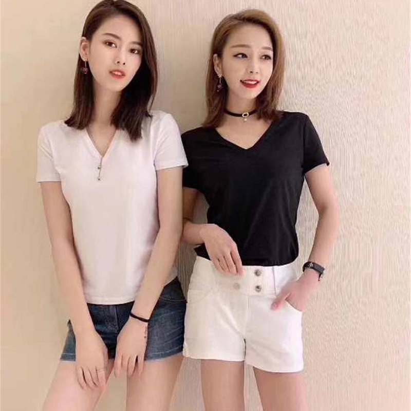 Áo thun nữ ngắn tay cổ chữ V cơ bản dễ phối tôn dáng kiểu mới mùa xuân hè — Trắng (Cổ tròn) chi tiết 2