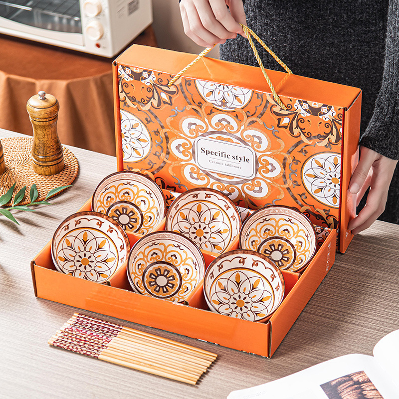 Light Luxury Bowl Set for Home Use, High-Quality Ceramic Gift Box, Bone China Dinnerware Set
