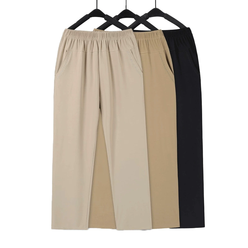 Summer thin silk trousers for mother for leisure, for middle age, loose straight fit