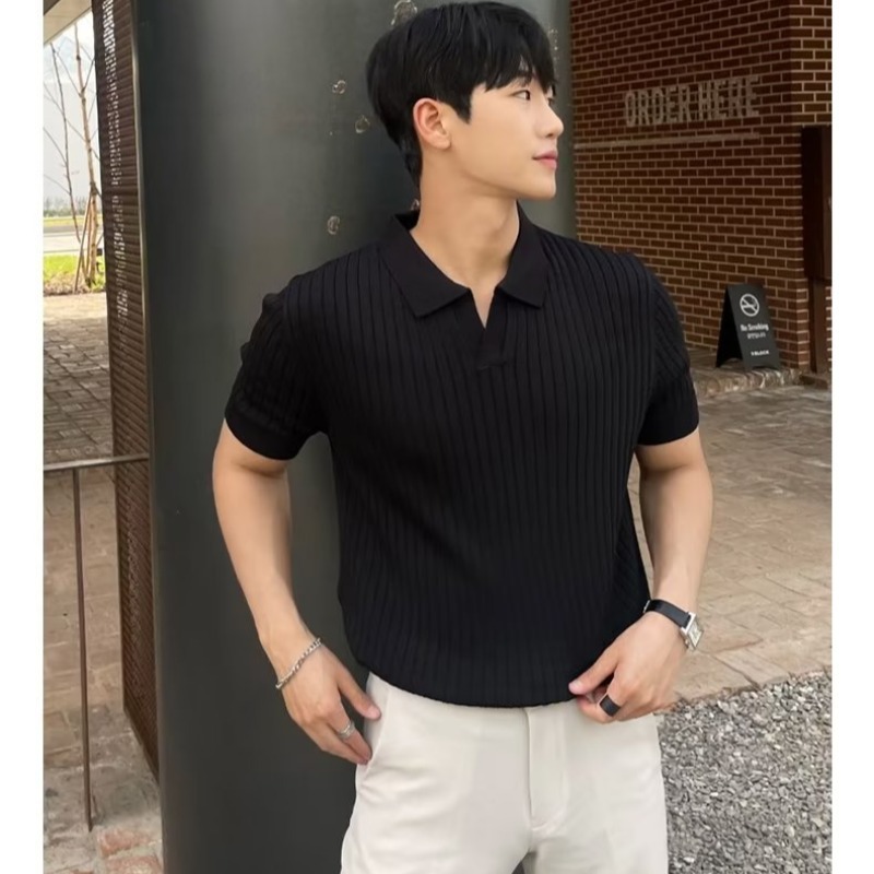 2023 verano de hielo para hombres polo camiseta de manga corta camiseta de moda de cuello en v camiseta de punto a rayas para hombres