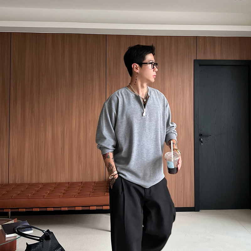 OXFREAK「混纱密歇根绒」老钱风褶皱半拉链长袖t恤男宽松内搭上衣|undefined