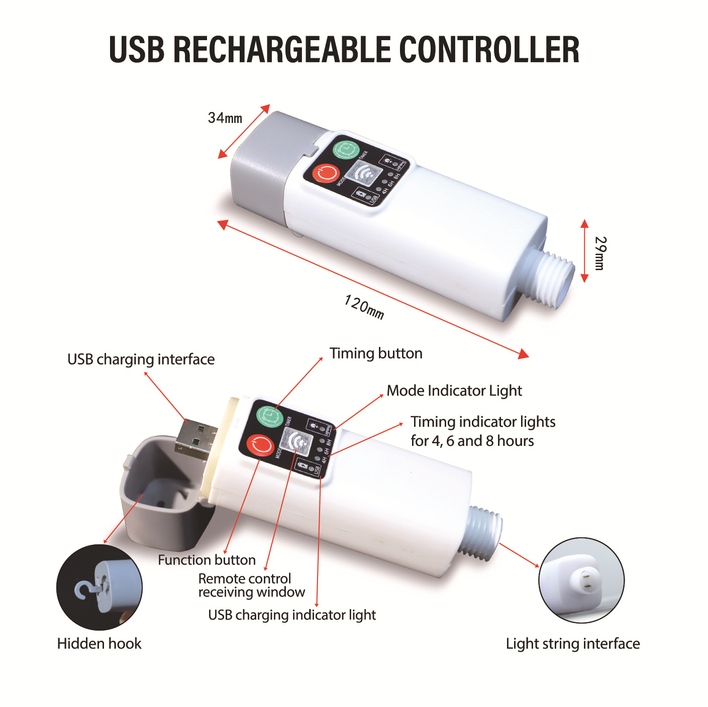 Transfronterizos LED String Power Cargador USB controlador de alimentación impermeable con interruptor de lámpara de camping duradero