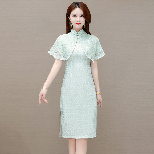 Retro Chinese Dress oriental Cheongsam for women long improved qipao word skirt cape type collar with short sleeves