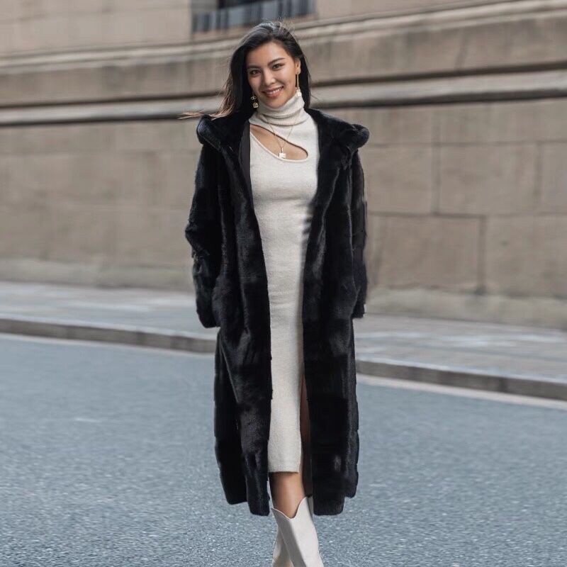 Fur MK1521 Black faux mink coat women's hooded extended warm mink fur