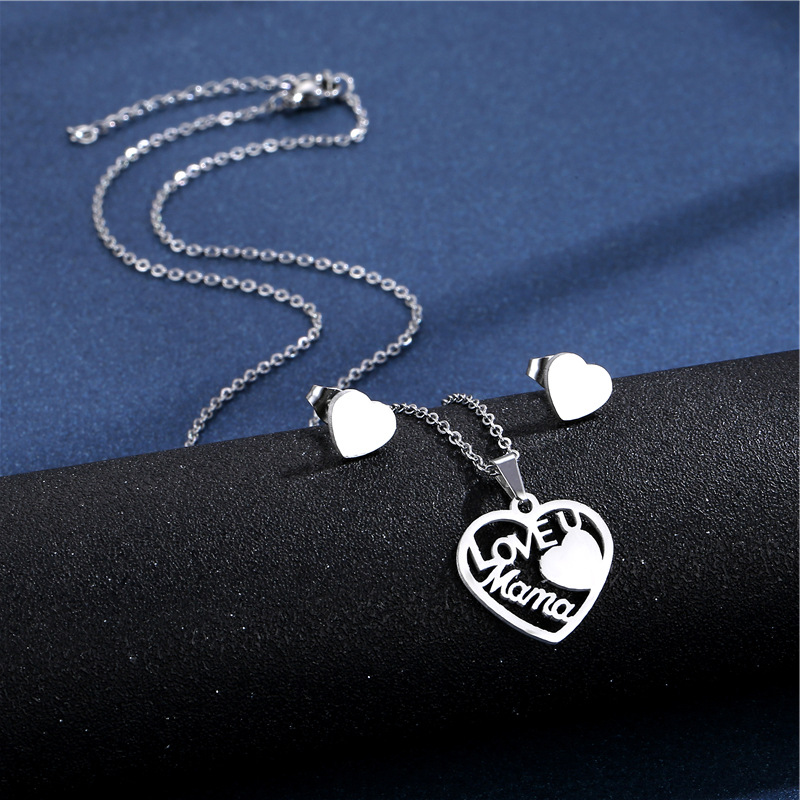 Fashion Heart-shaped Mother's Day Stainless Steel Ecklace Earrings Set display picture 1