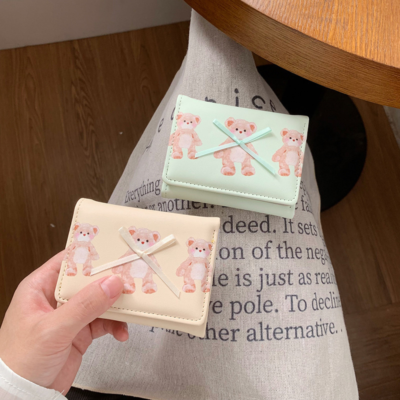 简约蝴蝶结短款女士钱包小清新可爱三折素色学生零钱夹卡包wallet|undefined