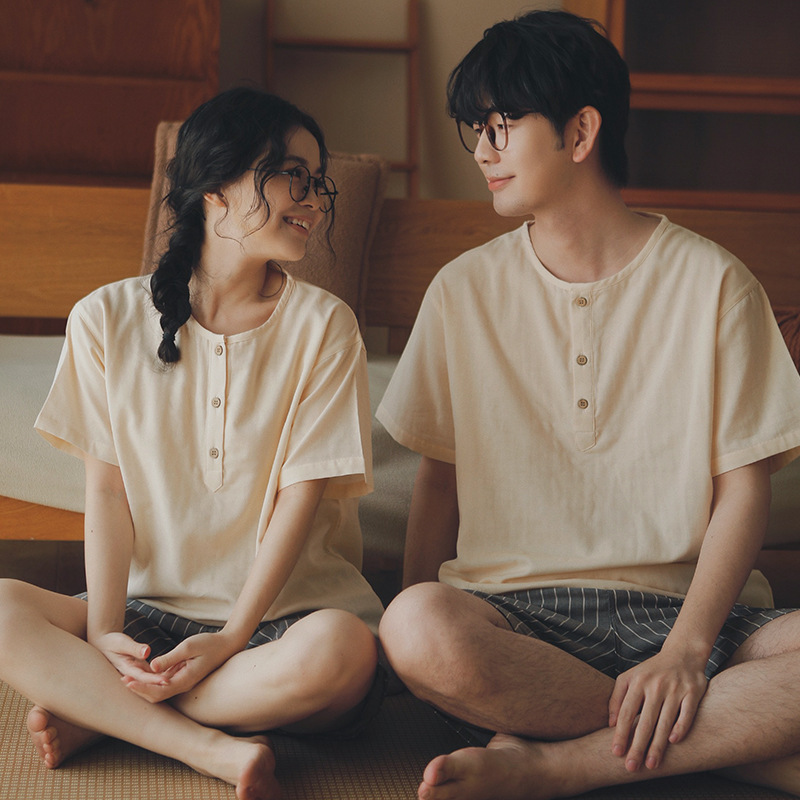 Current 62/67 - Unprinted Women's Double-Layer Gauze Pajamas That Can Be Worn Outside, Pullover Pure Cotton Couple's Loungewear for Summer Men