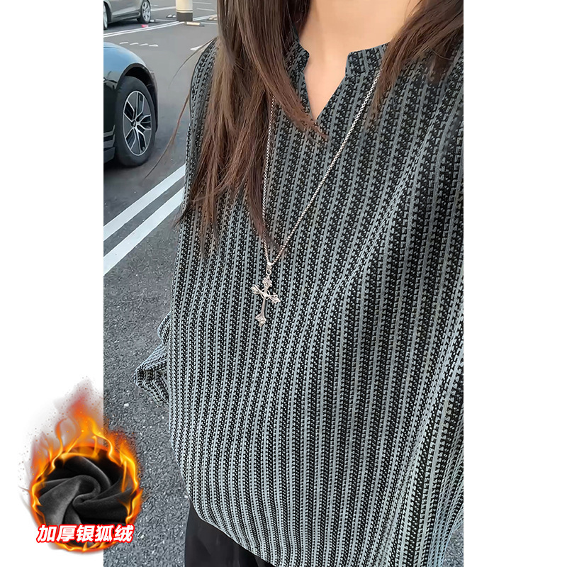 现货5W件鱼骨纹V领条纹美式长袖T恤T24536特P21 T24536J加绒特P30|undefined