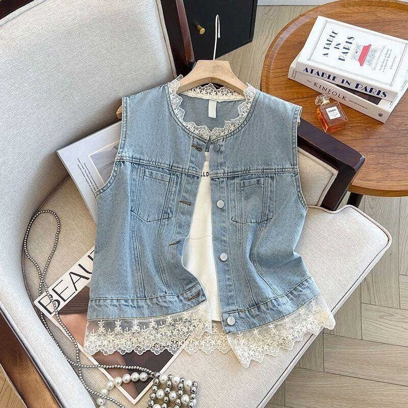 Lace Patchwork Denim Vest for Women, Summer Thin Style, 2026 New Model, Loose Fit, Versatile, Sleeveless Jacket for Petite Figures