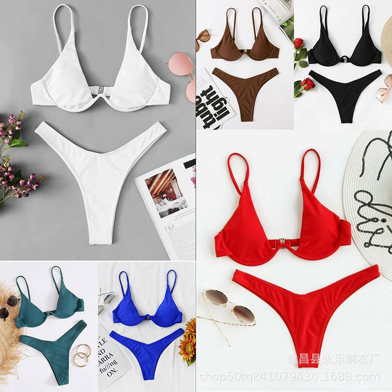 2025 European and American Amazon Aliexpress Bikini Split Push-Up Underwire Solid Color Swimsuit Women's Vacation Three-Piece Set