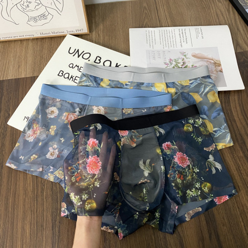 Summer ultra-thin breathable printed mesh men's underwear ice silk comfortable sweat-wicking high-end Chinese style large size pants