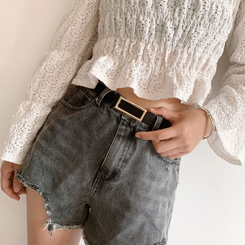 New metallic rectangular snap belt, fashionable and simple women's belt jeans with Korean popular waist accessories