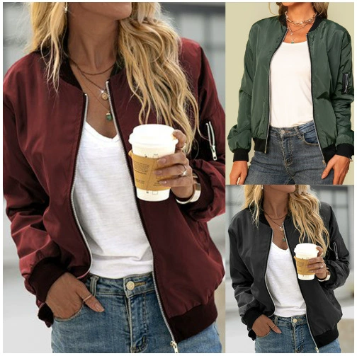 Повседневная куртка через границу, женская одежда AliExpress 2024, осенняя новая однотонная европейская и американская модная верхняя куртка на молнии для женщин