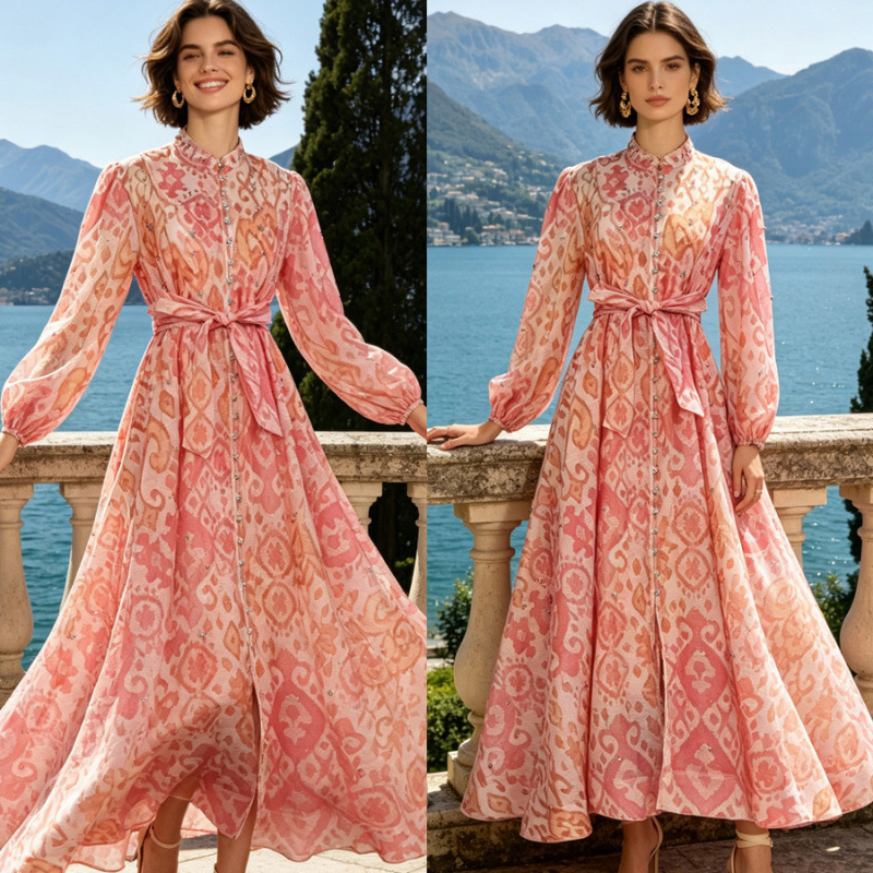 Australian Vintage Print Heavy-Duty Rhinestone Embellished Waist-Cinching Tie-Waist Long Dress with Large Skirt Hem and Camisole Two-Piece Set