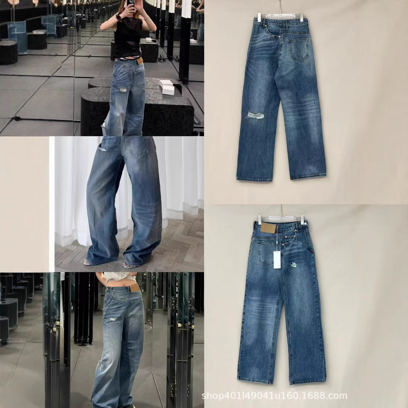 Nanyou Classy 25 Spring and Summer Deconstructed Splicing Street Style Distressed Washed High-Waisted Straight Ripped European Style Jeans for Women