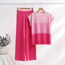 跨境时尚套装休闲撞色圆领三分袖针织衫高腰显瘦阔腿裤长裤两件套