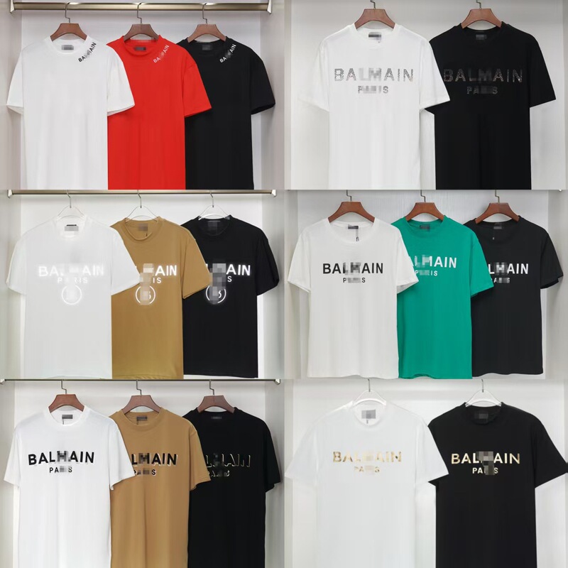 2025Ss Spring and Summer New Balmain Balmain Short-Sleeved Hot Gold Letter Cotton Loose Pullover T-Shirt Couple Style